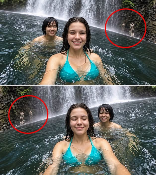 Mysterious Figure Appears Behind Hikers in Waterfall Photos